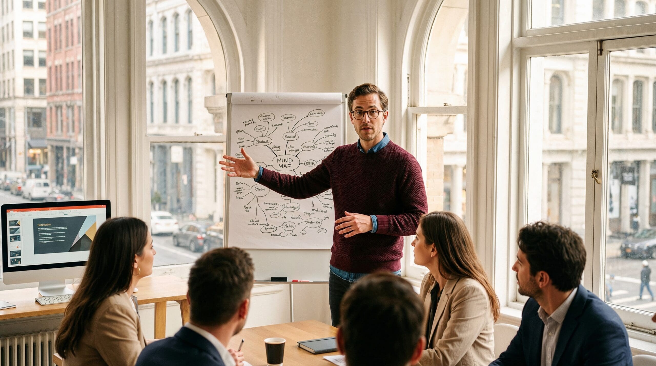 A man wearing glasses and a maroon sweater stands next to a whiteboard with a mind map drawn on it, gesturing with his hand as he presents to a group of colleagues seated around a wooden conference table in a bright office with large arched windows.