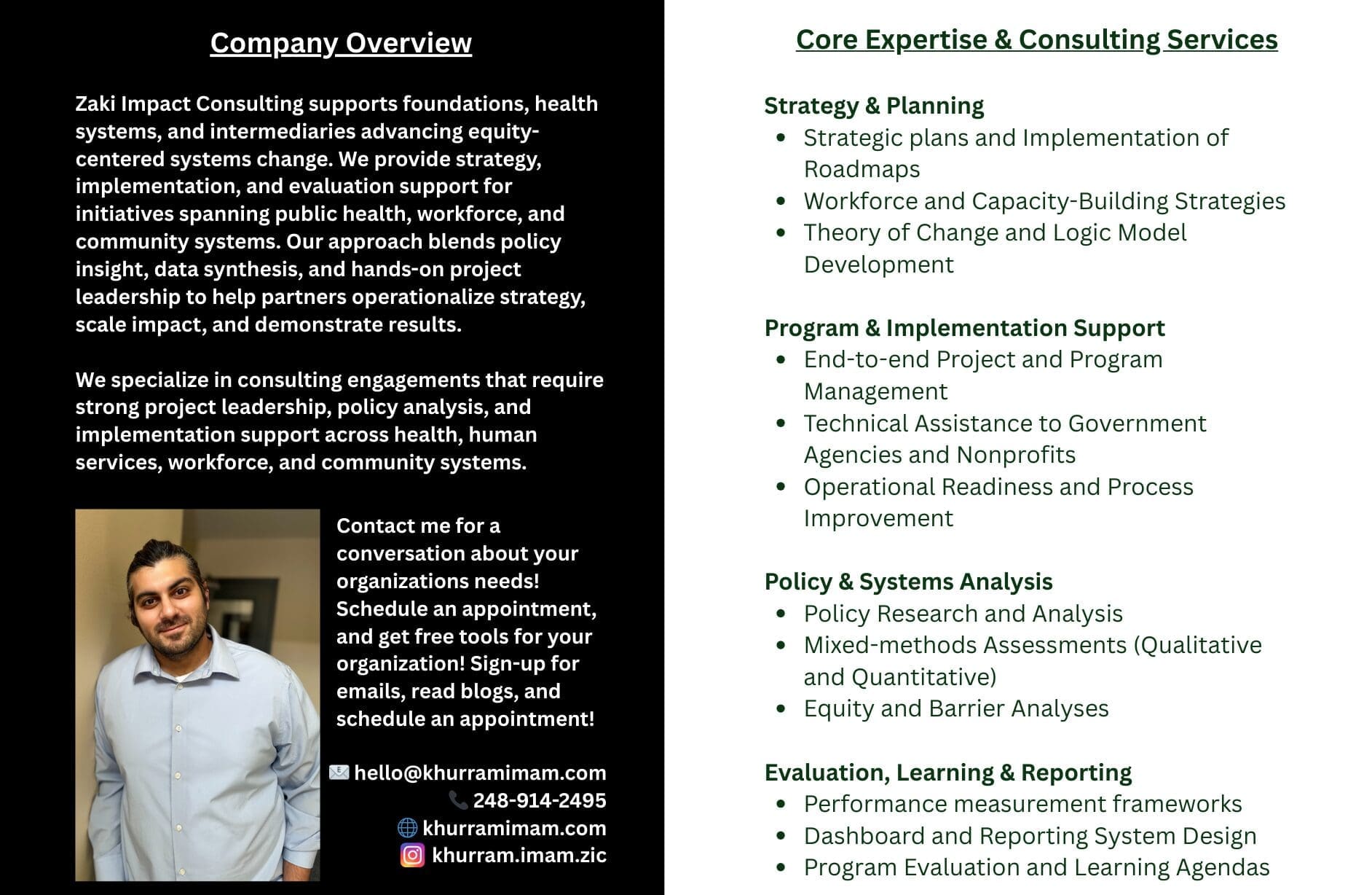 Informational flyer for Zaki Impact Consulting outlining services, contact details, core expertise areas, and partner logos.